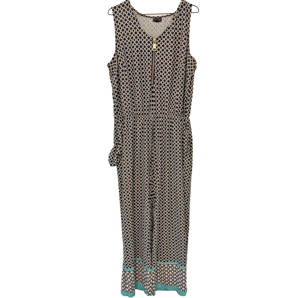 Tacera Jumpsuit Women 2X Geo Circle Print Sleeveless Zip Front Wide Leg Teal Blk